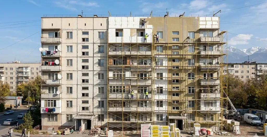 Процесс утепления панельного дома в Алматы: рабочие на фасаде монтируют теплоизоляцию